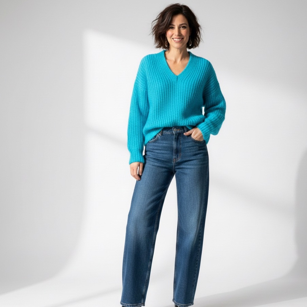 Cozy & Vibrant Chunky Knit V-Neck Sweater  - M